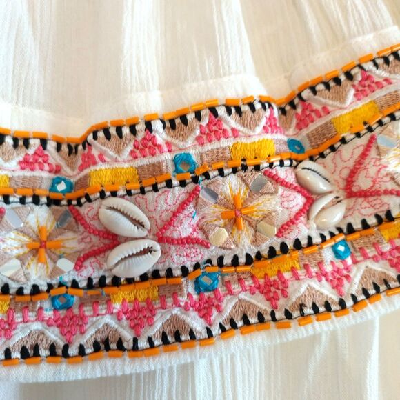 Boston Proper Spanish Boho Off Shoulder Top Off White Crepe S Flowy Artsy Cowrie - Picture 3 of 7